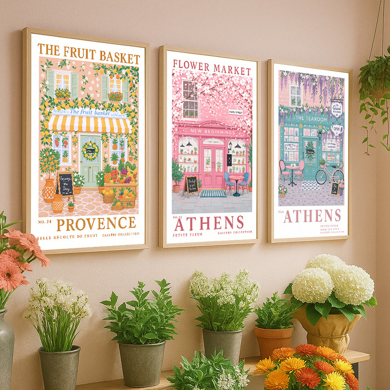 

Tearoom Cafe Vintage The Fruit Basket Poster Set Wall Art Provence & Athens Street Scenery Prints for Living Room Bedroom Decor