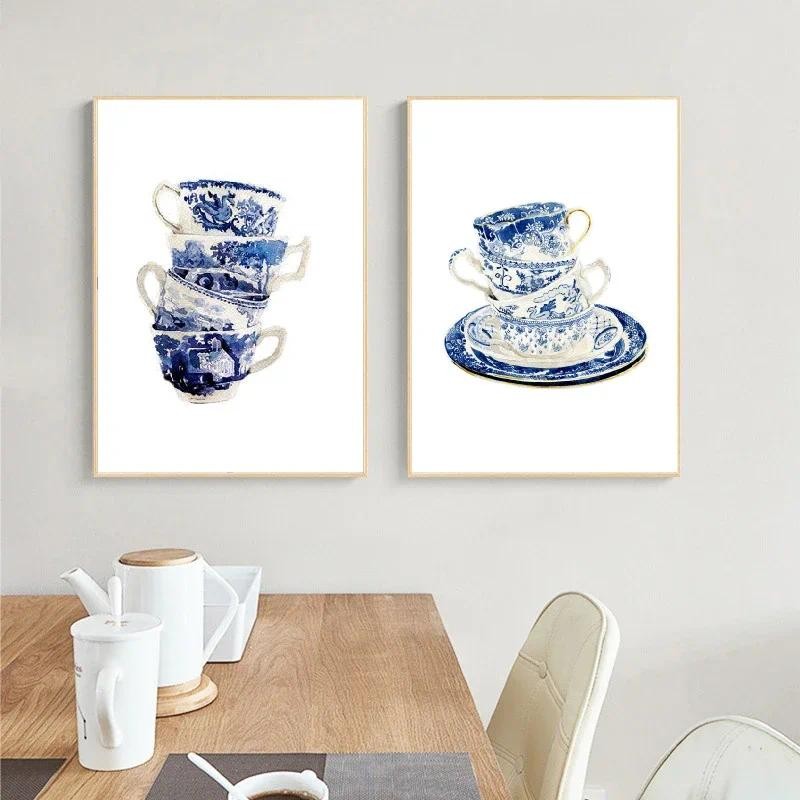 

Vintage Tea Cups Watercolor Art Prints Blue White Willow Tea Cup China Art Canvas Painting Wall Art Pictures Poster Home Decor