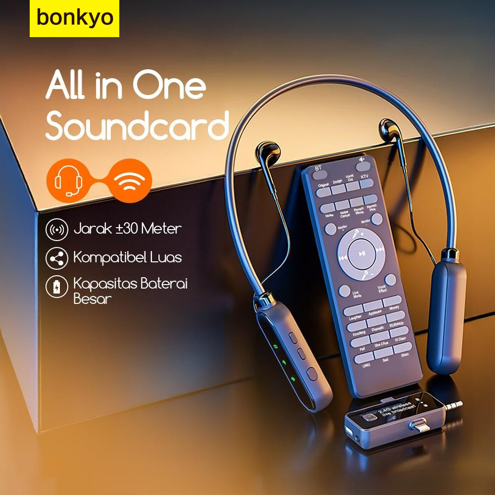 Bonkyo Live Sound Card Microphone Microphone 3in1 Wireless Clip on Mic dan SoundCard Mic HP Audio Li