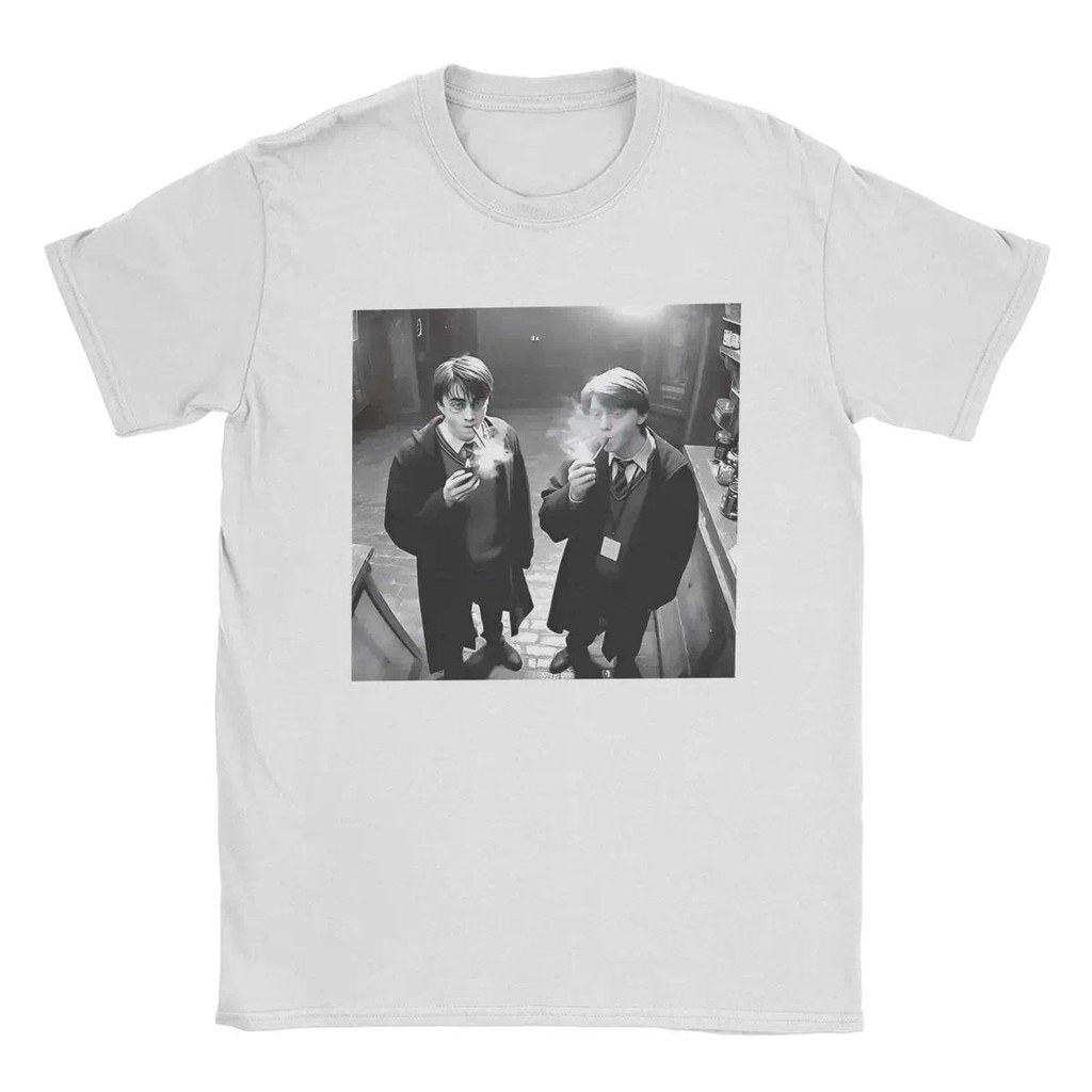 Kaos Merokok H-Harrying And Ron Pria Lucu 100% Katun Kaos Crewneck Lengan Pendek Pakaian Unik