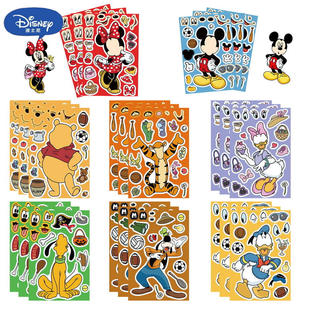 

8 Sheets Disney Make A Face Puzzle Stickers Mickey Minnie Donald Duck Kids Assemble Anime Toys Children Kawaii Game Book Laptop