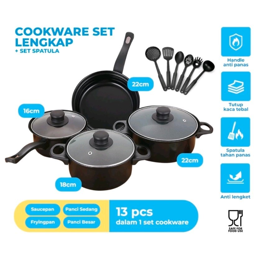 

*(BUBBLEWRAP) 13 PIECES COOKWARE SET PANCI TELFON SPATULA SET TUTUP KACA