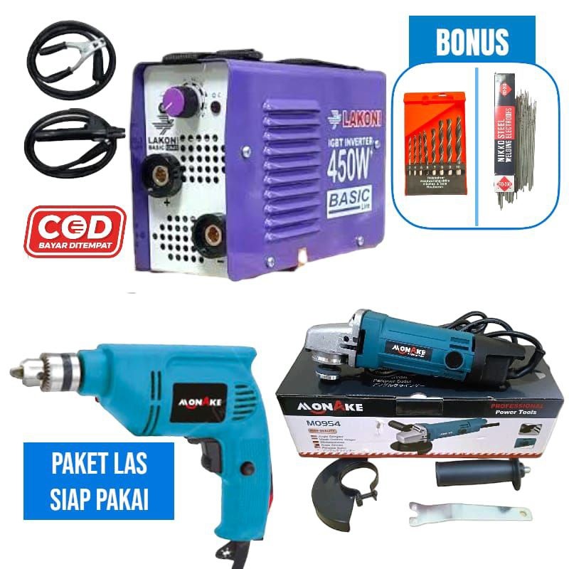 [GRATIS ONGKIR] PAKET MURAH Mesin Las Listrik 450watt LAKONI Basic + Gerinda Tangan 4" MONAKE + Bor 