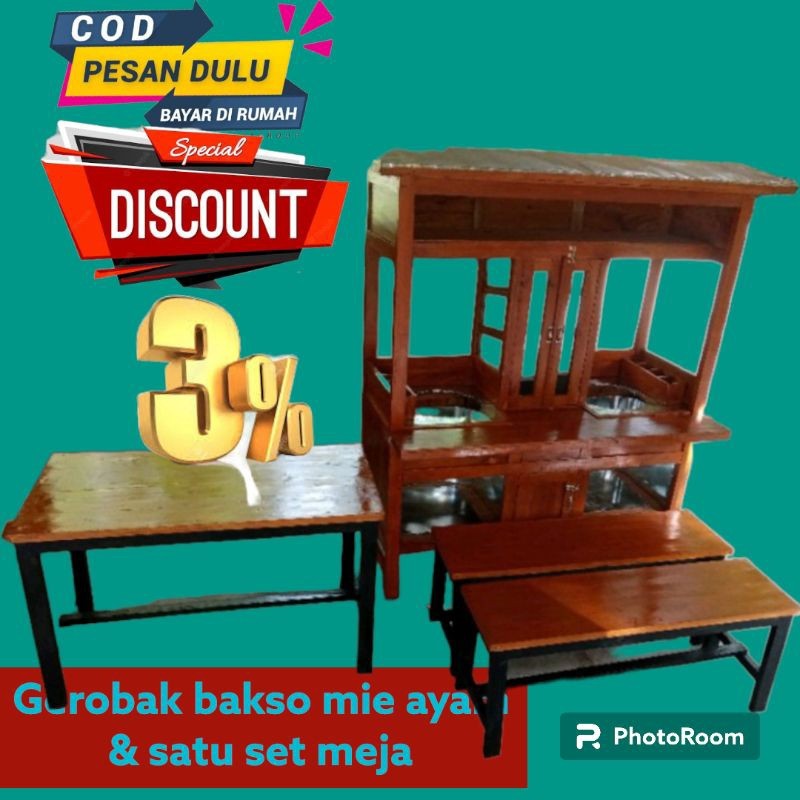 gerobak bakso mie ayam kayu mahoni dan satu set meja kursi free ongkir