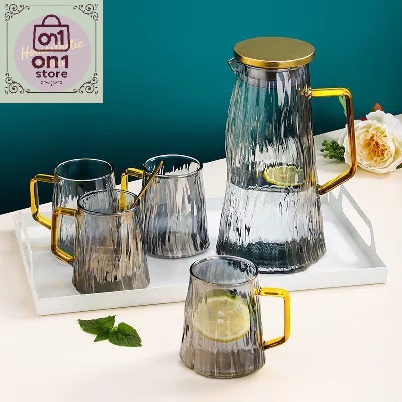 Set Teko Murah / 1 Set Teko Jug Pitcher Kaca 1.8L dengan 4 Cangkir Gelas Tahan Panas Api Borosilicat
