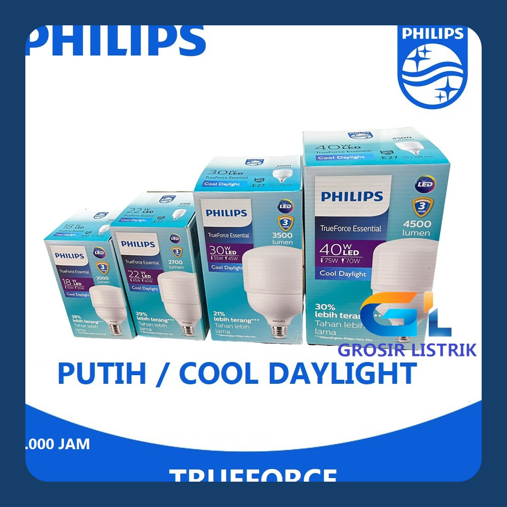 Lampu Philips LED TrueForce Ess 18W 20W 22W 25W 30W 35W 40W 45W Putih Cool Daylight 6500K Essential 