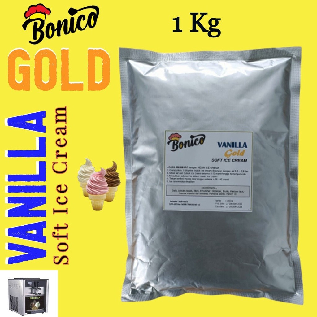 

Bonico VANILLA GOLD PREMIUM Soft Ice Cream Powder 1 kg RESTO bubuk es krim mesin VANILA cone frizco 1000g softmix