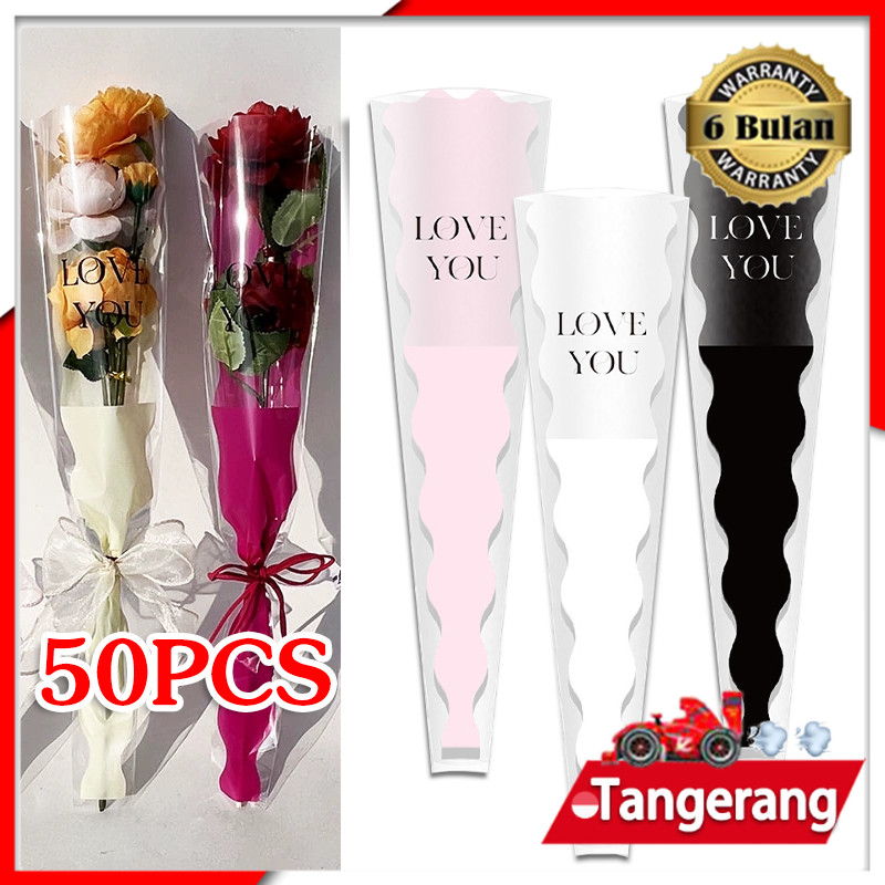 

50 Lembar Plastik Single Flower Tulisan / Single Flower Rose Packing / Kantong Bunga Cellophane