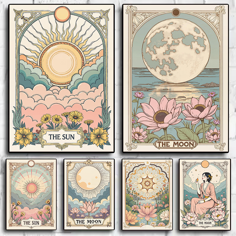 

Vintage Sun/Full Moon/Lotus Tarot Cards Retro Floral Boho Nordic Poster Canvas Painting Wall Art Pictures Home Interior Decor
