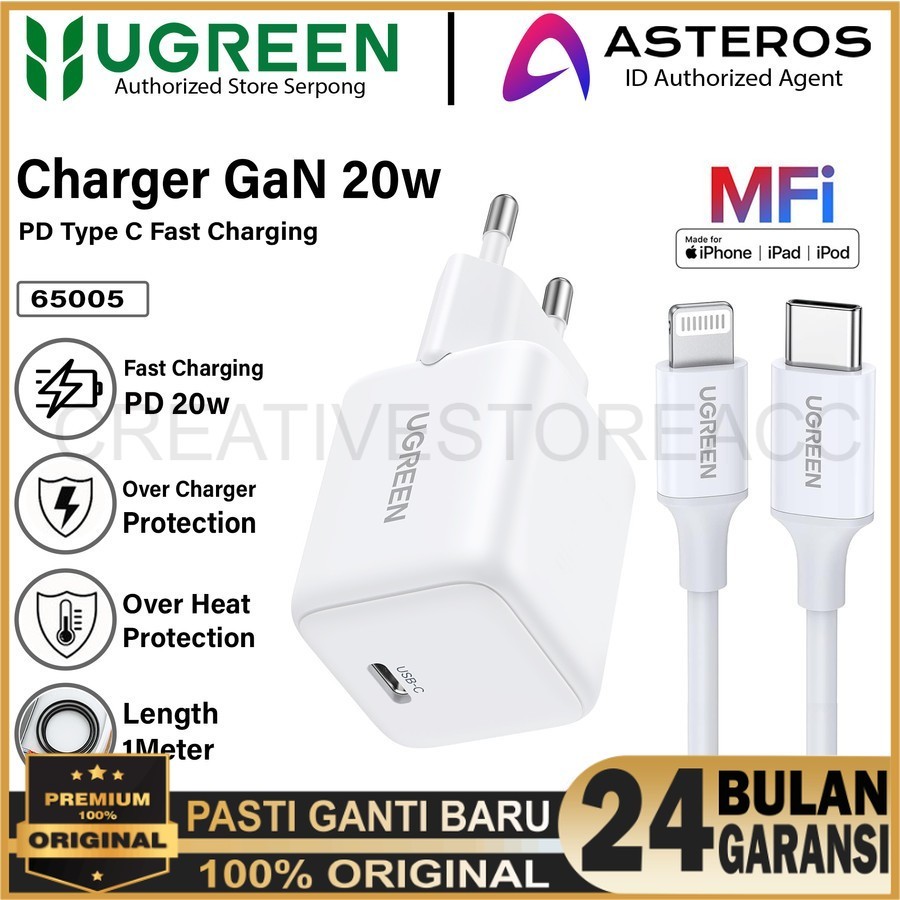 Charger Ugreen iPhone + Kabel Lightning Mfi - Ugreen Fast Charger iPhone 14 13 12 11 8 XR  Original