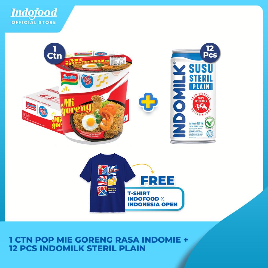 

Bundling 1 Ctn Pop Mie Goreng Rasa Indomie + 12 Pcs Indomilk Steril Plain Free T-shirt Indonesia Open 2025 - M