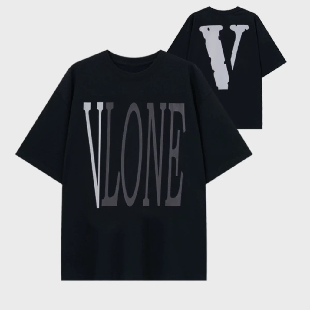 VLONE Kaos Pendek Lebar Oversize Logo V Cetak Couple Wanita Pria Katun Combed 24S - Abu-hitam