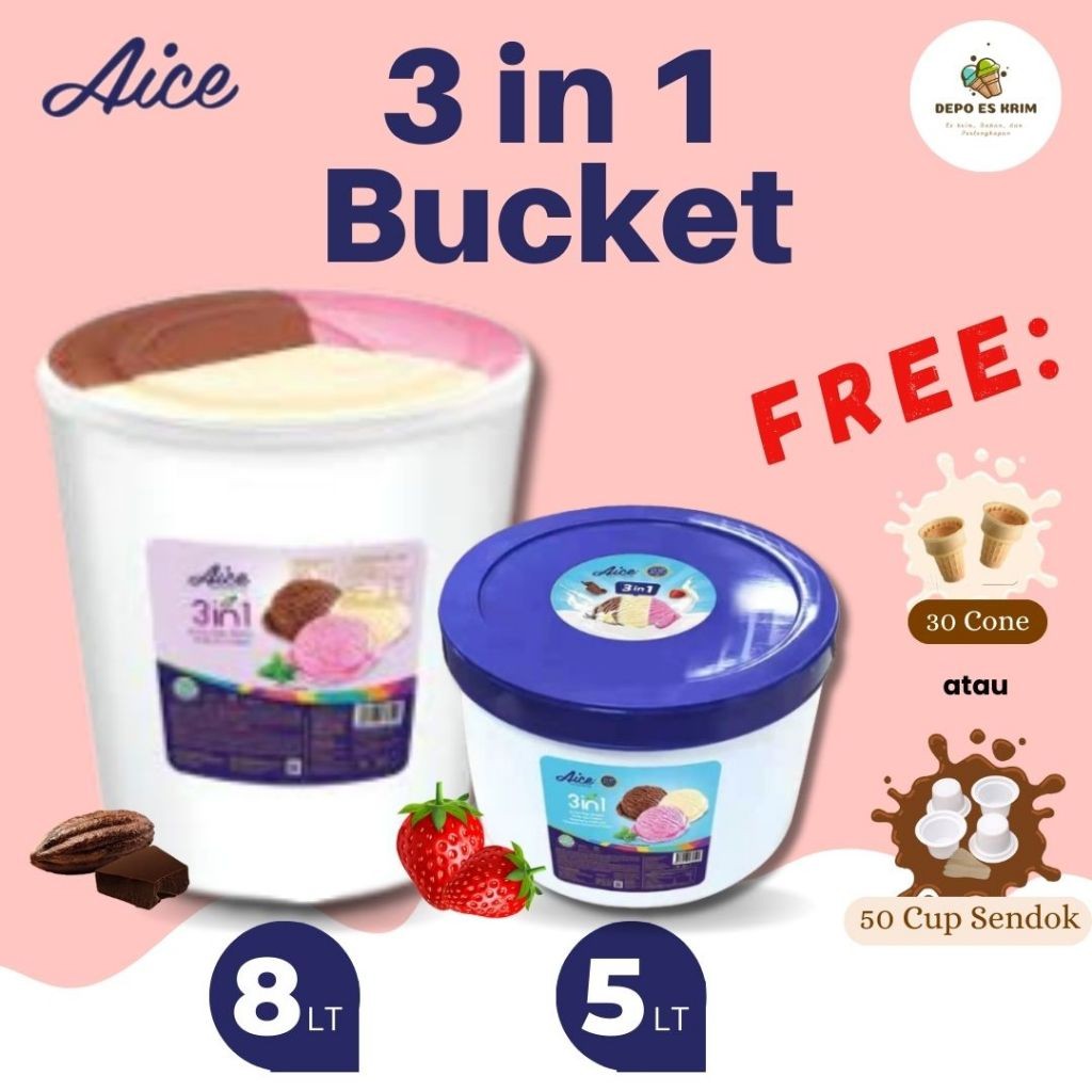 

Es Krim AICE Bucket 8 Liter 5 Liter 3 In 1 Neapolitan Vanilla Coklat Gratis Cone / Cup Ready Stock