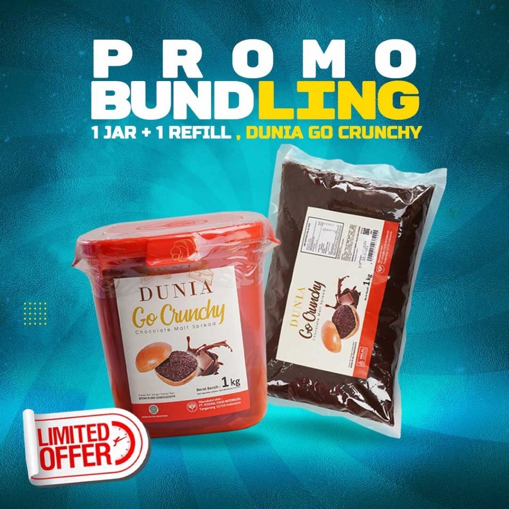 

NEW PAKET HEMAT BUNDLING | 2 kg Dunia Go Spread Choco Crunchy Malt Kemasan Jar Merah & Refill | Selai, Olesan, Topping, Snack, Makanan Cokelat untuk Cemilan dan Baking. PREMIUM