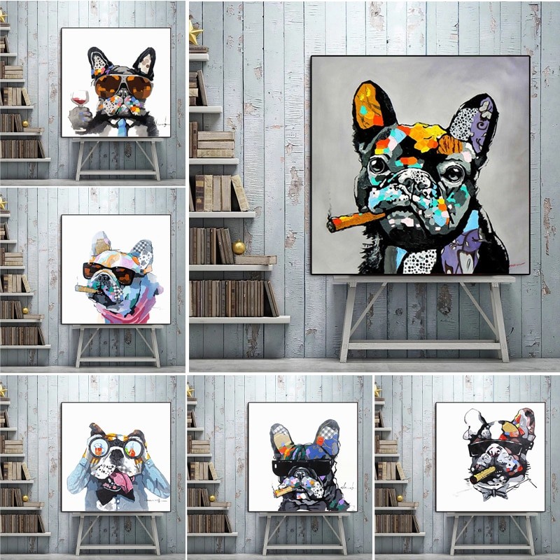 

Retro Doodle Colorful Bulldog Canvas Paintings Wall Art Pictures Posters for Living Room Bedroom Home Decor