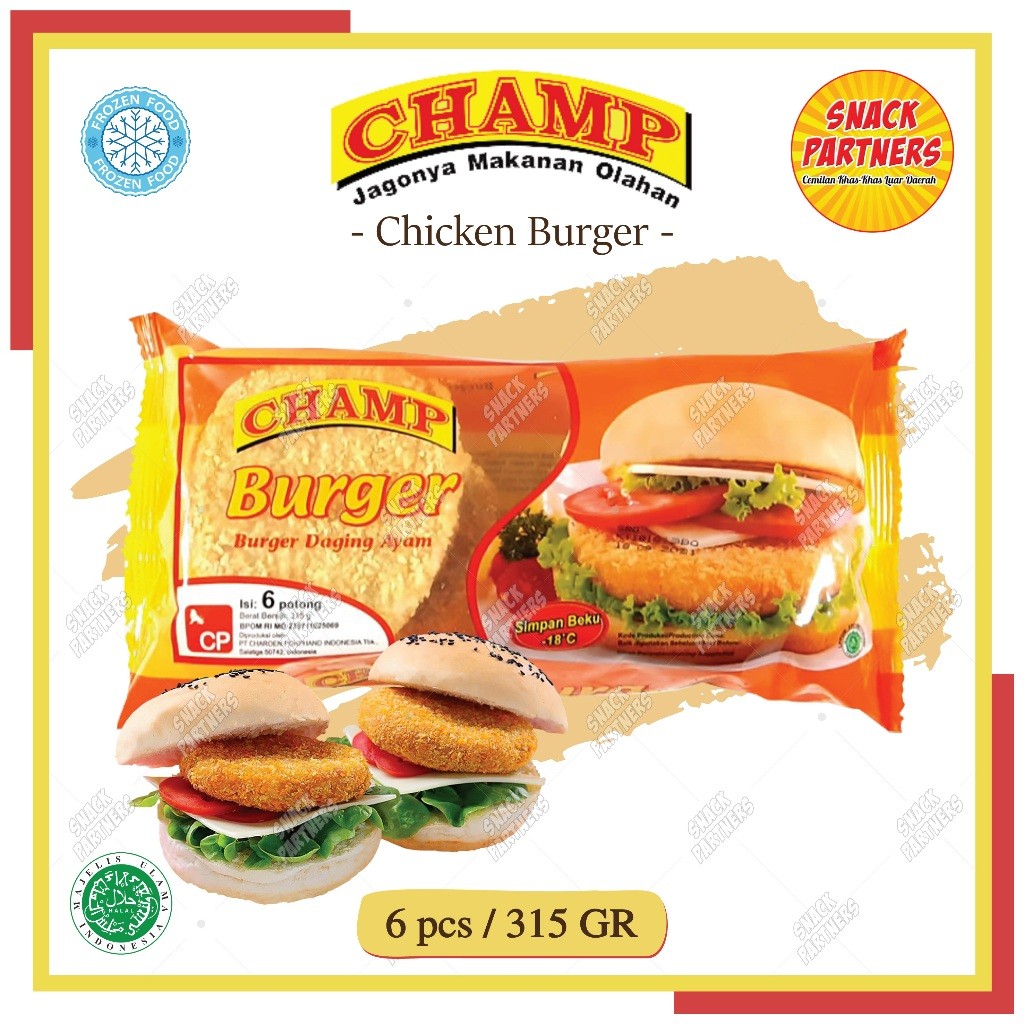 

CHAMP Crispy Chicken Burger / Burger Daging Ayam 6 PCS / 315 GR - FROZEN FOOD - Makanan Patty Beku Instant Cepat Siap Saji