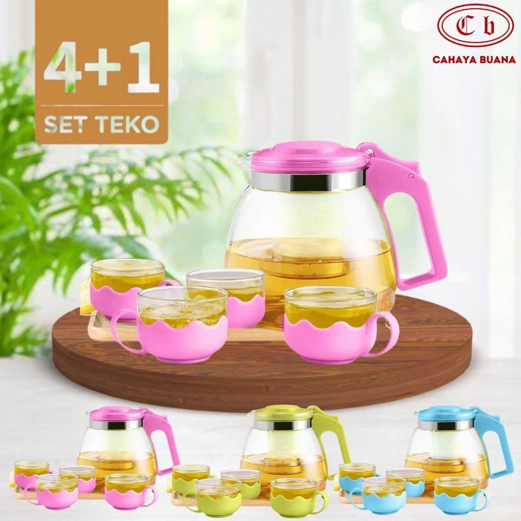 Tea Pot Warna Set Gelas Cangkir Kaca 5 in 1 Tanpa Saringan