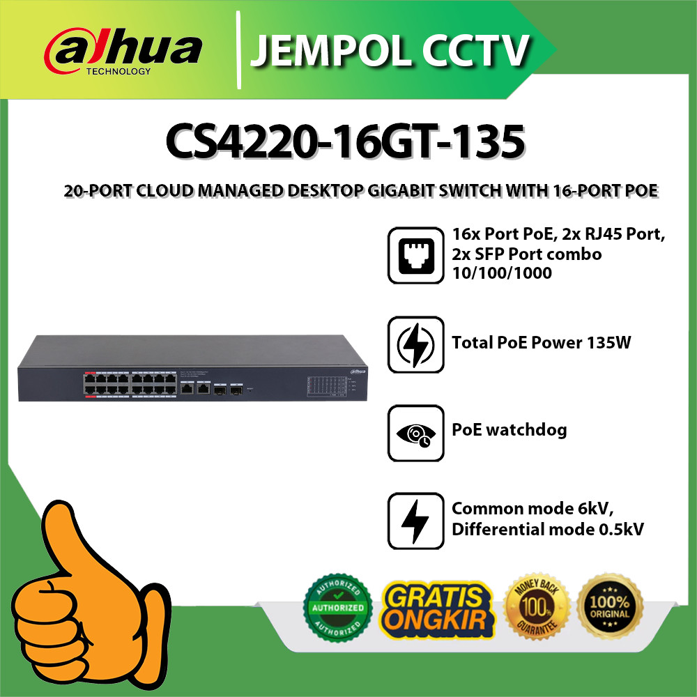 DAHUA CS4220-16GT-135 20-PORT CLOUD MANAGED DESKTOP GIGABIT SWITCH WITH 16-PORT POE