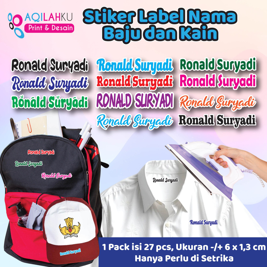 

Sticker Sablon Setrika Sticker Iron Custom Nama (Per Pack isi 27 Pcs) ukuran 6x1.3 cm