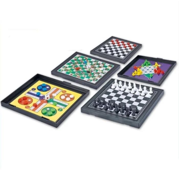 Mainan Edukasi Anak 5in1 Papan Magnetik Catur Ular Tangga Halma Puzzle Board Game Lipat Portabel Kid