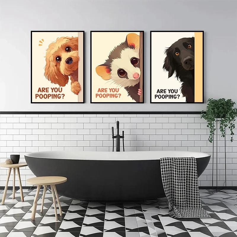 Poster Dinding hiasan dinding  Kamar Mandi Lucu Anjing Kucing Lucu Lukisan Dinding Gambar HD Dekoras