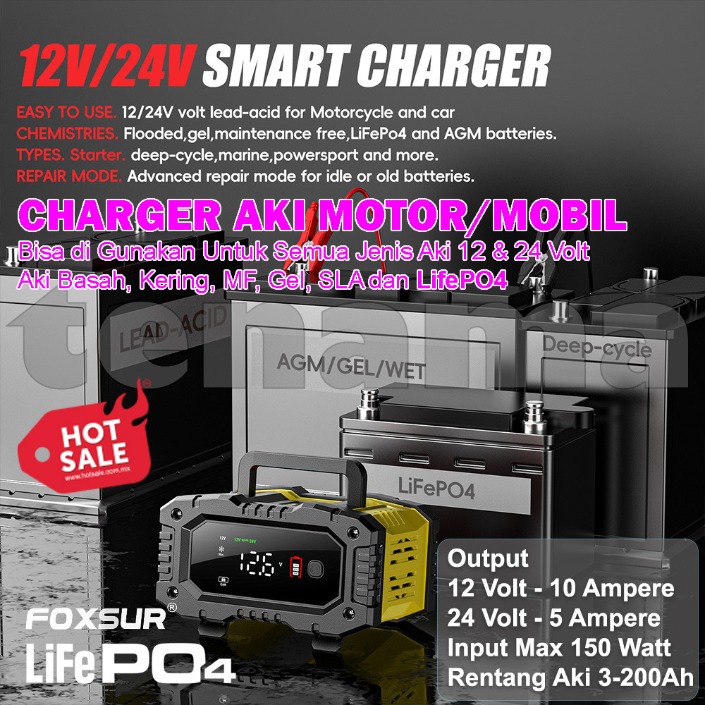 FOXSUR FPT-100 Smart Charger Aki Mobil Motor 12V-10A 24V-5A 150W LifePO4