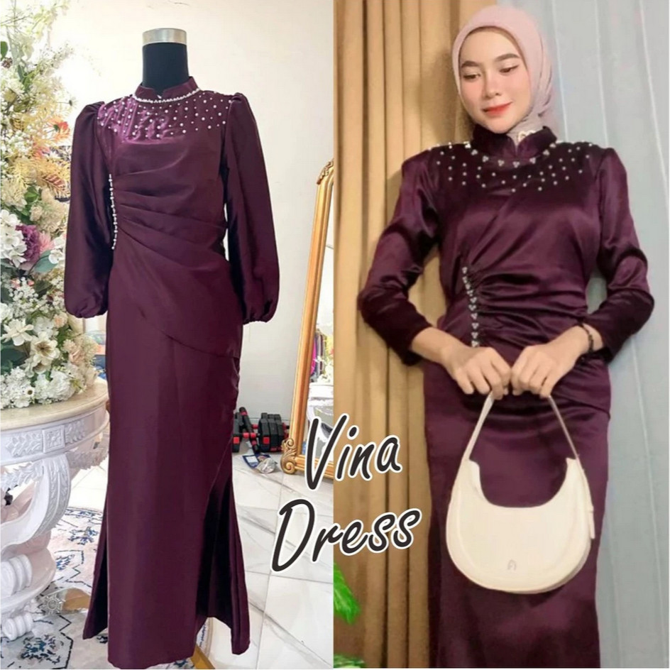 Vina Dress Payet Semi Duyung Baju Kondangan Gamis Bridesmaid Wisuda Lamaran Polos Wanita Muslim