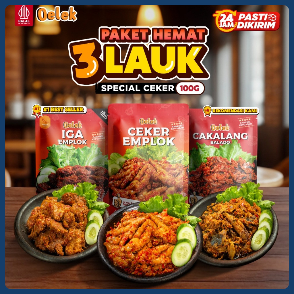 

Oelek Paket 3 Bebas Pilih Ceker Mercon Emplok Tanpa Tulang / Iga Emplok / Cakalang Balado / Cumi Cabe Ijo / Ayam Kecombrang / Cumi Jeletot