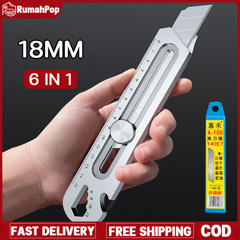 

6in1 Cutter Stainless Steel Multifungsi Cutter Pisau Stainless / 10pc Mata Pisau Cutter Pisau Pemotong Kertas