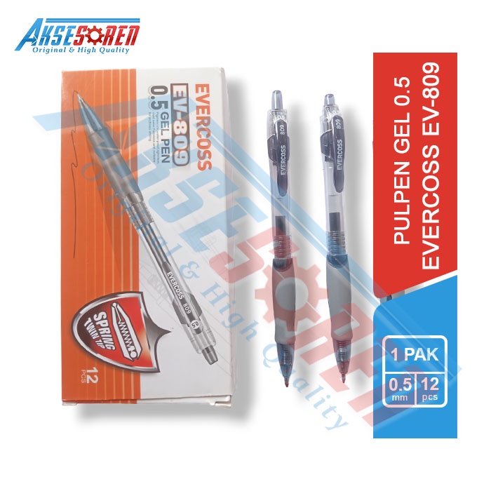 

Aksesoren Pulpen Gel Evercoss [EV-809 1 Pack /12 Pcs] / Balpoint Pena Tinta Hitam 0.5mm / Gel Pen / Alat Tulis Sekolah / Bollpoint