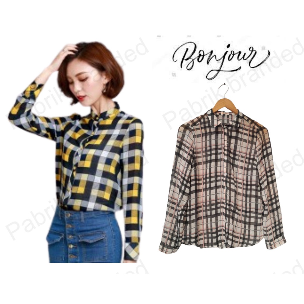 pabrik branded bonjour blouse shirt women S M kemeja kerja kotak-kotak wanita kemeja dewasa murah gr