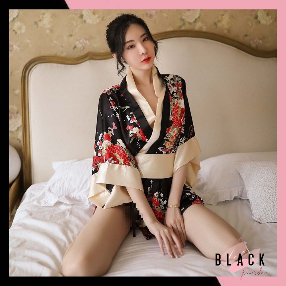 Blackpink Kimono Jepang Cosplay Lingerie Bahan Satin Motif Bunga 3080