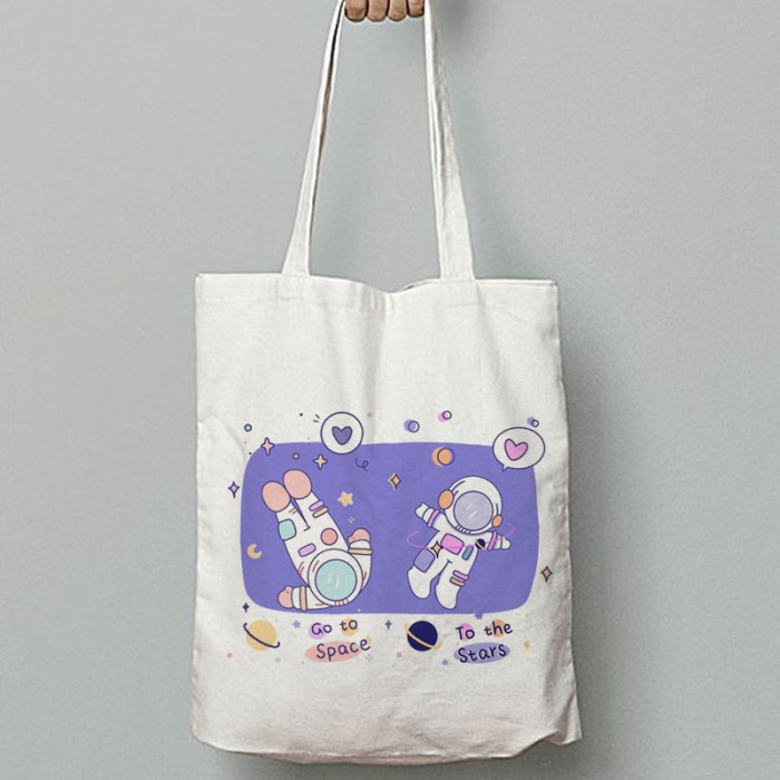 Promo - Totebag Motif Astronot Kanvas Wanita Tas Goodie Bag Ulang Tahun Murah - COUPLE - Sedia toteb