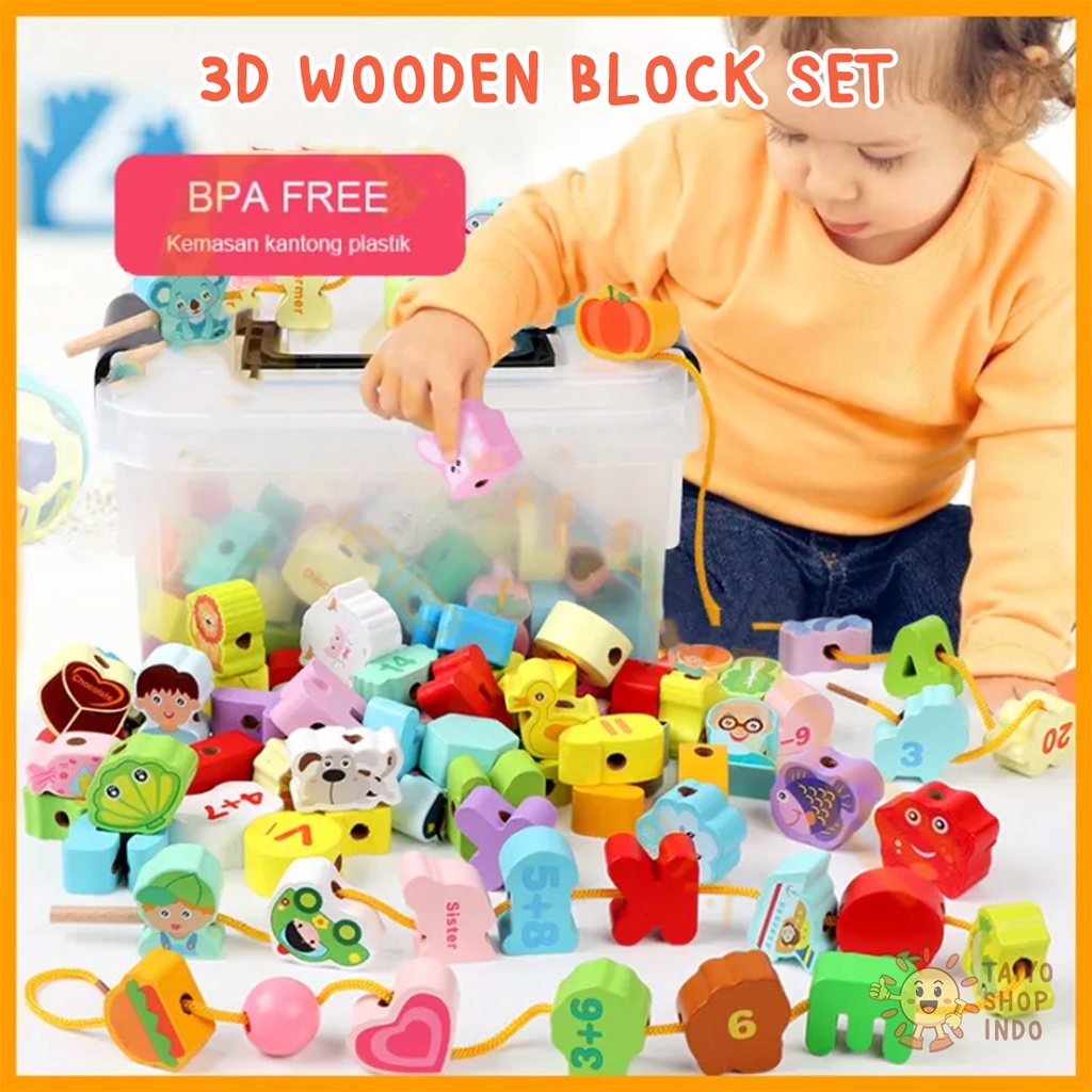 TAIYO 3D Blok Kayu Wooden Block Set Puzzle Angka Huruf Buah Edukasi Free Tali Mainan Anak