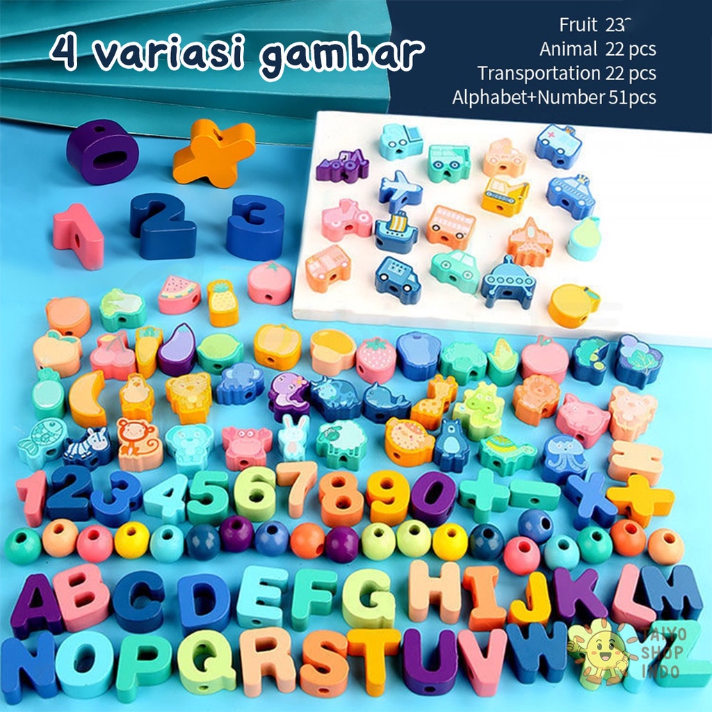 TAIYO 3D Blok Kayu Wooden Block Set Puzzle Angka Huruf Buah Edukasi Free Tali Mainan Anak