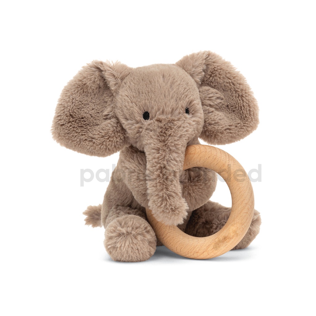 pabrik branded jellyc4t smudge elephant ring wood rattle puppy dog toy elephant gajah bunny grey pin