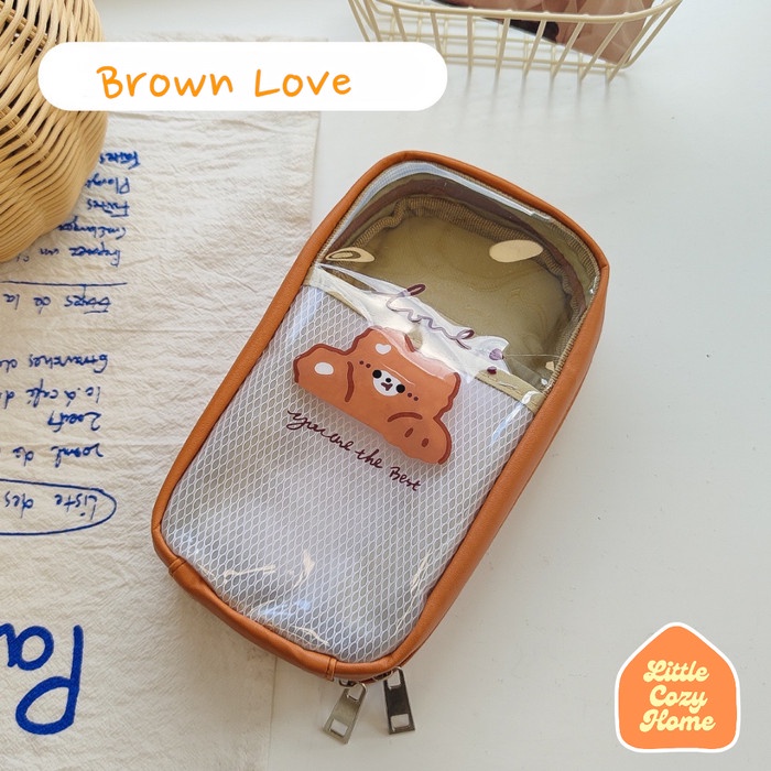 

[Promo] Cutie Jumbo Transparent Pencil Case / Korean Style Kotak Tempat Pensil - BROWN LOVE