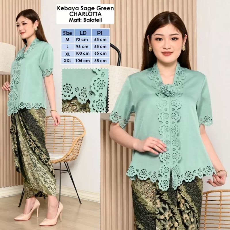 Atasan Kebaya Encim Modern Lengan Pendek Charlotta Warna Hijau Telur Asin Sage Green