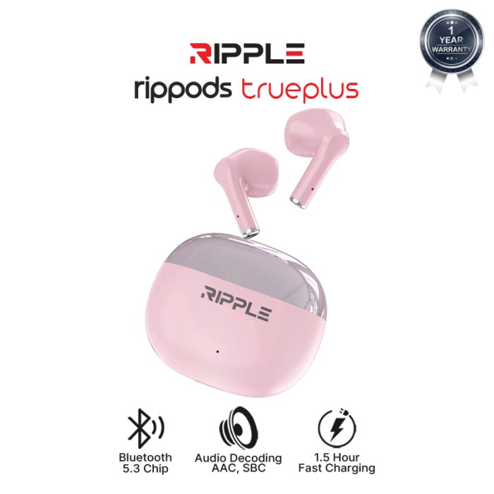 Ripple Rippods True Plus TWS Headset Bluetooth Earphone Mini Earbuds - Merah Muda