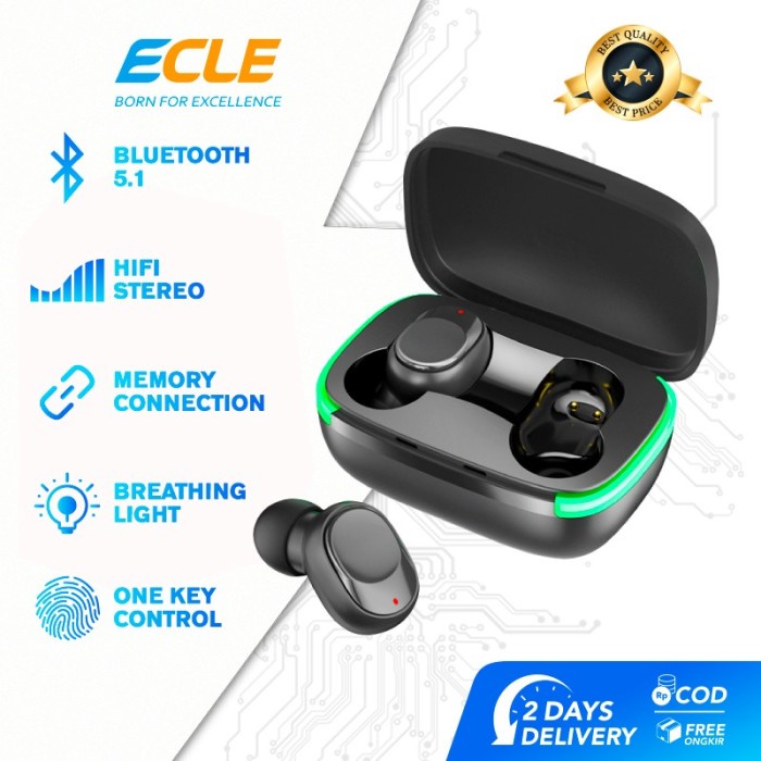 ECLE Earphone Waterproof Wireless LED Bluetooth 5.0 Headset Audio Bass