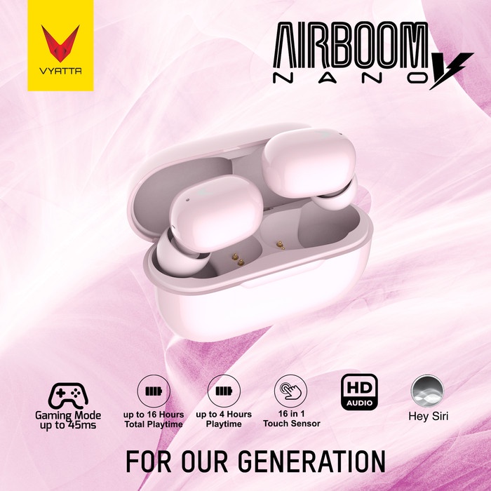 VYATTA Airboom Nano V TWS Bluetooth Headset / Earphone , Gaming Mode - Pink, Tanpa Charger