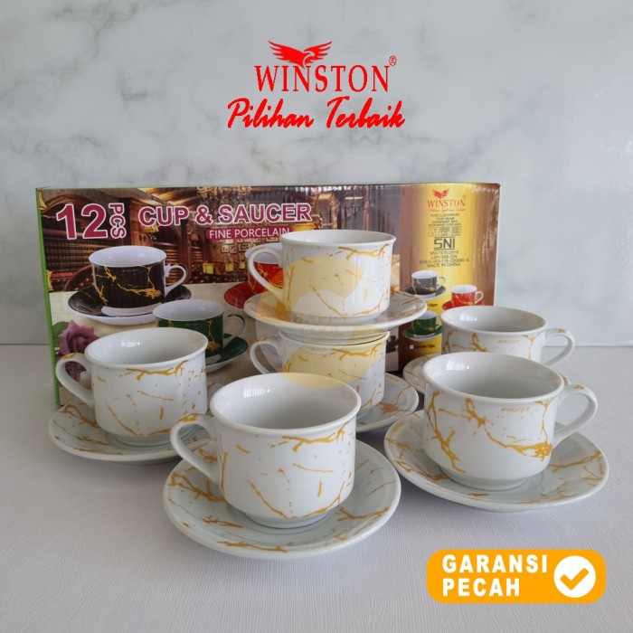 WINSTON 12pcs MARMER EMAS Cup & Saucer Set | Cangkir Tatakan 6Pasang