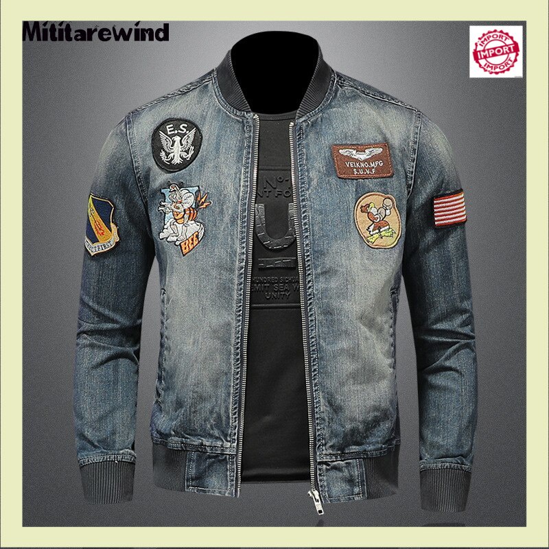 Jaket Kasual Pria Import Patch Design Jeans   Fashion Slim Fit Embroidery Badge Denim   Moto&biker V