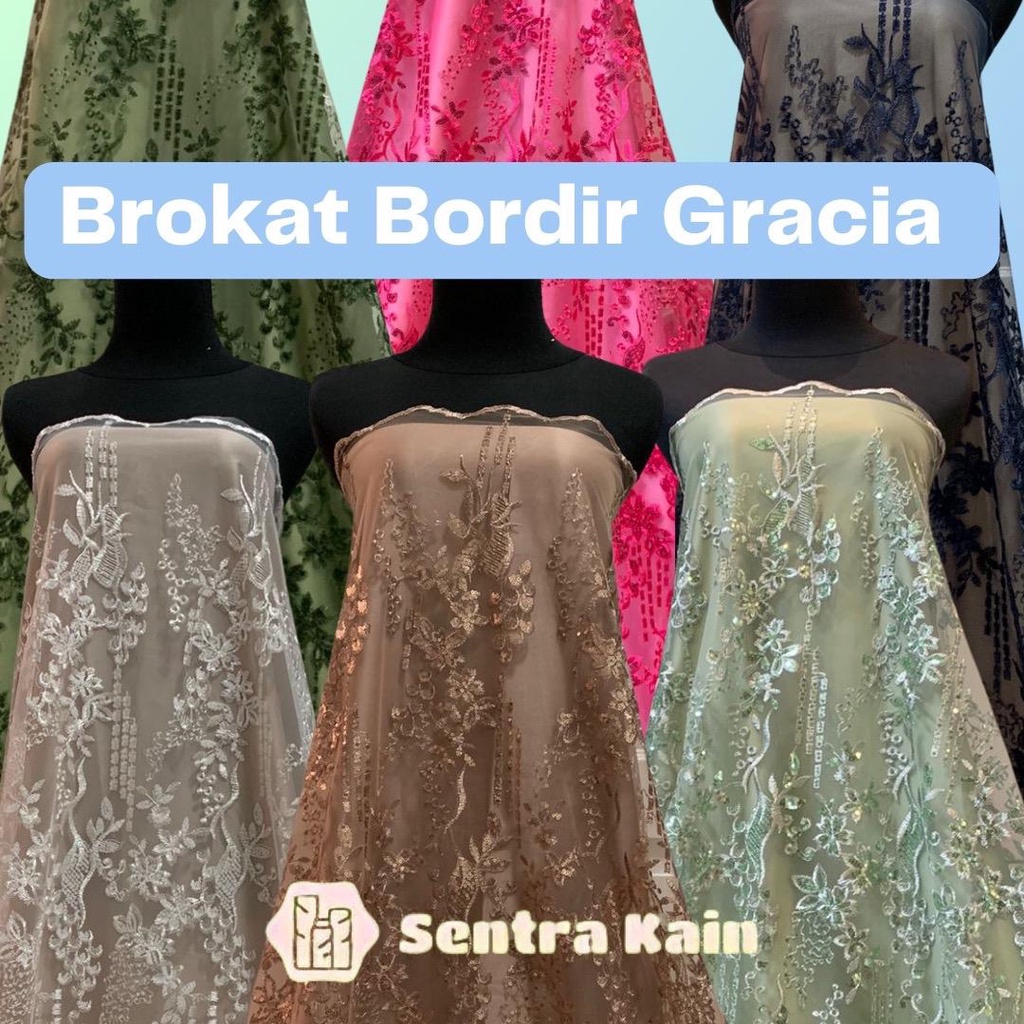 Bahan Kebaya Brokat Tile Bordir Payet Gracia Warna Denim Baby Blue Sage