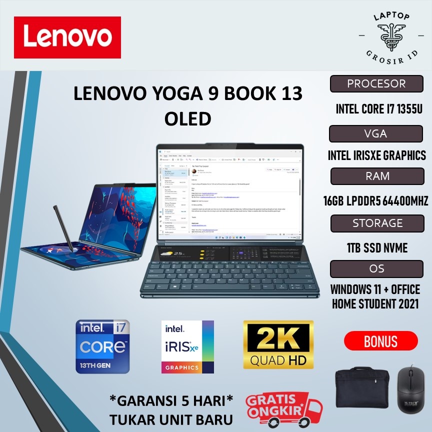 PROMO MERDEKA Laptop Lenovo Yoga Book 9 13 OLED DUAL TOUCH I7 1365 16GB 1TBSSD W11+OHS 13.3 2.8K