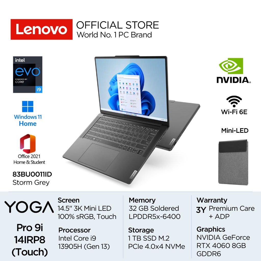 PROMO MERDEKA Lenovo Yoga Pro 9i 14IRP8 11ID Intel Core i9 13905H Evo Win11 32GB 1TB SSD 14.5" 3K Mini-LED 165Hz 100% P3 100% sRGB NVIDIA RTX 4060 8GB OHS Backlit IR Camera WiFi6E Laptop Gen13 14inch Touchscreen Mil-Spec Creator Diskrit Tipis 83BU0011I