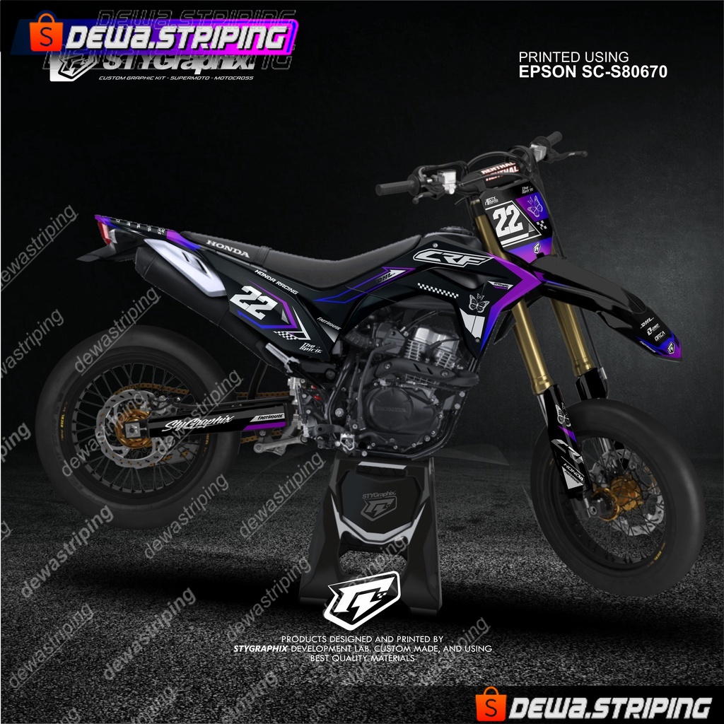 DECAL CRF 150L DTRACKER KLX BF HITAM UNGU CUSTOM NAMA DAN NOMOR- JADILAH PEMBELI PINTAR