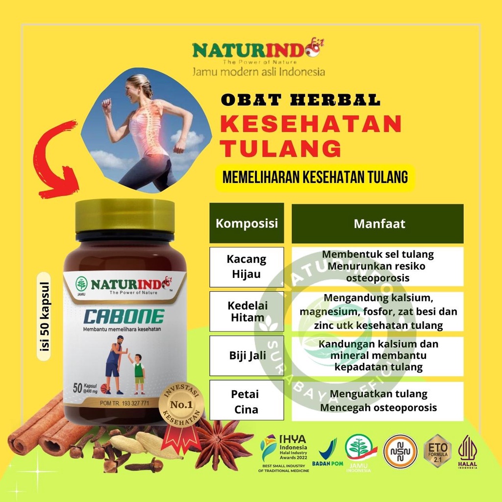 Naturindo Cabone Obat herbal tulang dan sendi kaki tangan retak patah ekor belakang peninggi badan e