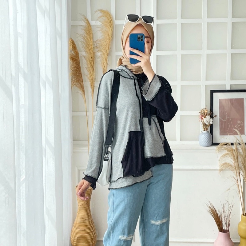 BAJU KAOS ATASAN WANITA KEKINIAN HOODIE BOBAL JAKET TOPI JAHITAN TERBALIK KOMBINASI KEREN ABG  POLOS