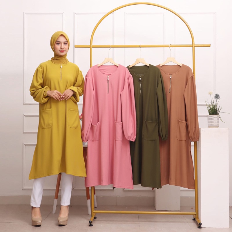 BAJU DRESS ATASAN WANITA TERBARU KEKINIAN KNIT JUMBO KANTONG SLETING DEPAN DELLA TANGAN KARET   POLO